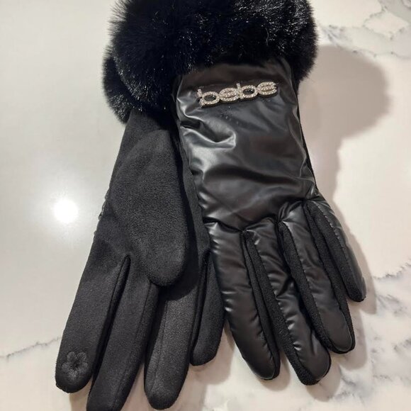 bebe Black Faux Fur Cuff Winter Gloves - Picture 2 of 8